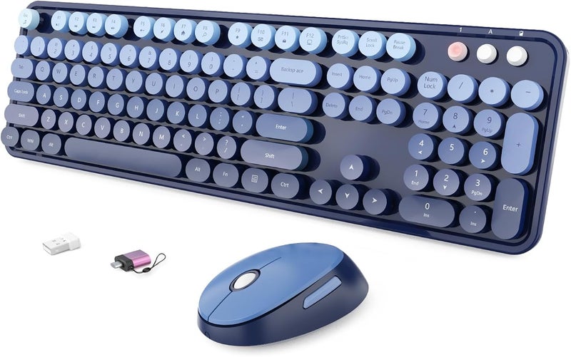 SkyGive Wireless Keyboard and Mouse Combo, Ergonomic Full Size Typewriter Retro Round Keycaps Keyboard, Compatible with Windows, PC, Perfer for Home and Office Keyboards (Twilight Blue - Image 1